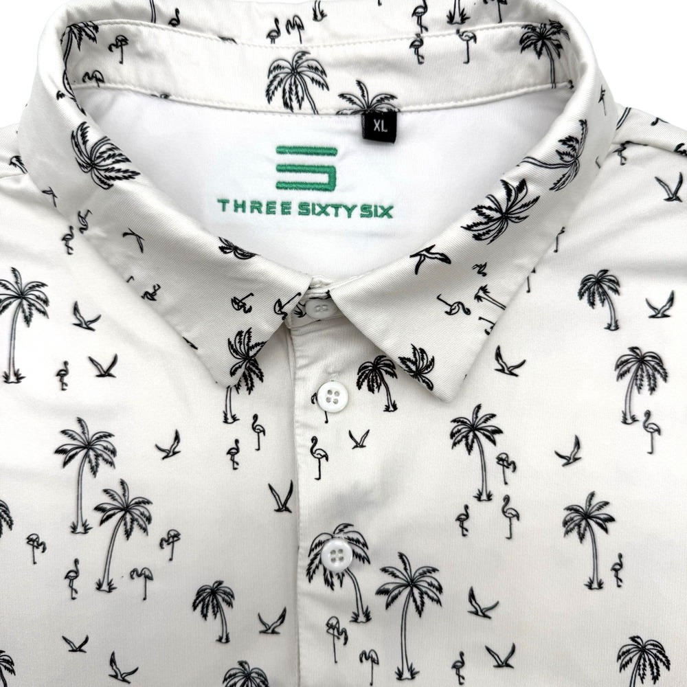 Three Sixty Six Polo Shirt Men XL White Palm Tree Flamingo Performance Golf